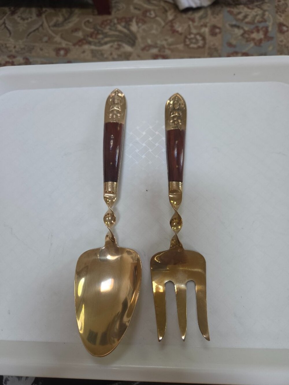 vintage siam bronze serving set twisted stem and ornate wooden handle